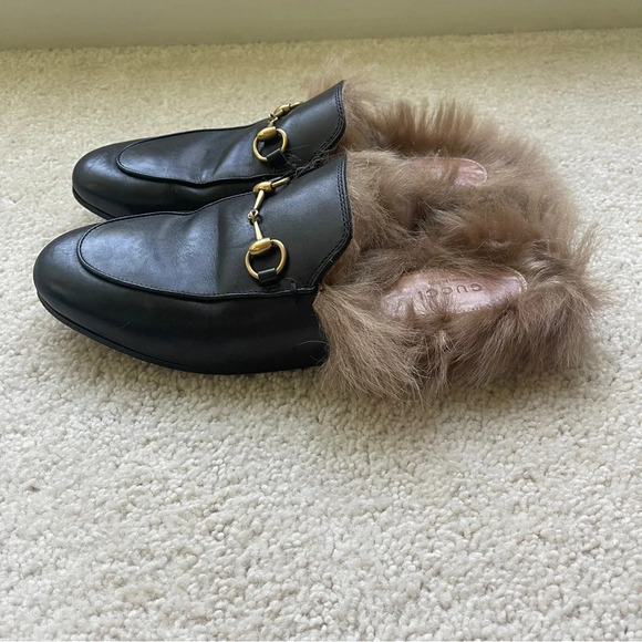 Gucci Princeton Black Fur Mules Slip On Shoes horse bit loafer slides - Picture 5 of 9
